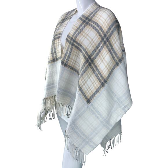 J Jill Womens One Size Poncho Sweater Wrap Plaid Acrylic Fringe Neutral Soft - Picture 4 of 14